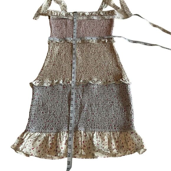 Storia Mini Dress Size Floral Colorblock Blue Pink Tan Square Neck Ruffled Hem S - Picture 5 of 7